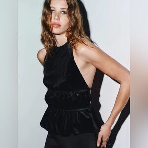 ZARA RUCHED VELVET HALTER TOP